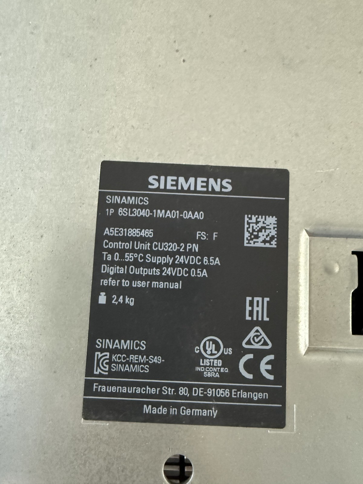 SIEMENS SINAMICS 6SL3040-1MA01-0AA0 CONTROL UNIT CU320-2PN