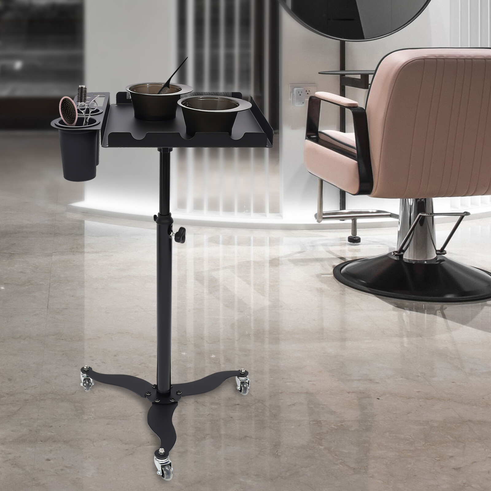 Salon Rolling Tray Beauty Hair Stylist Storage Mobile Trolley Cart with 2 Bowls