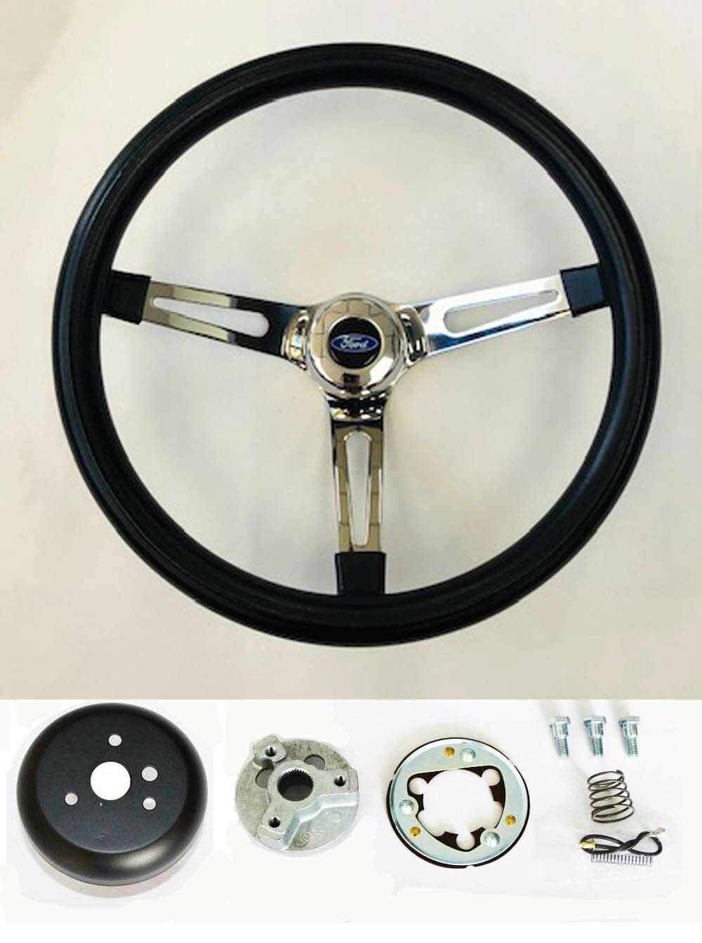 Bronco F100 F150 F250 F350 Black Foam Grip on Chrome Steering Wheel 15" Ford cap
