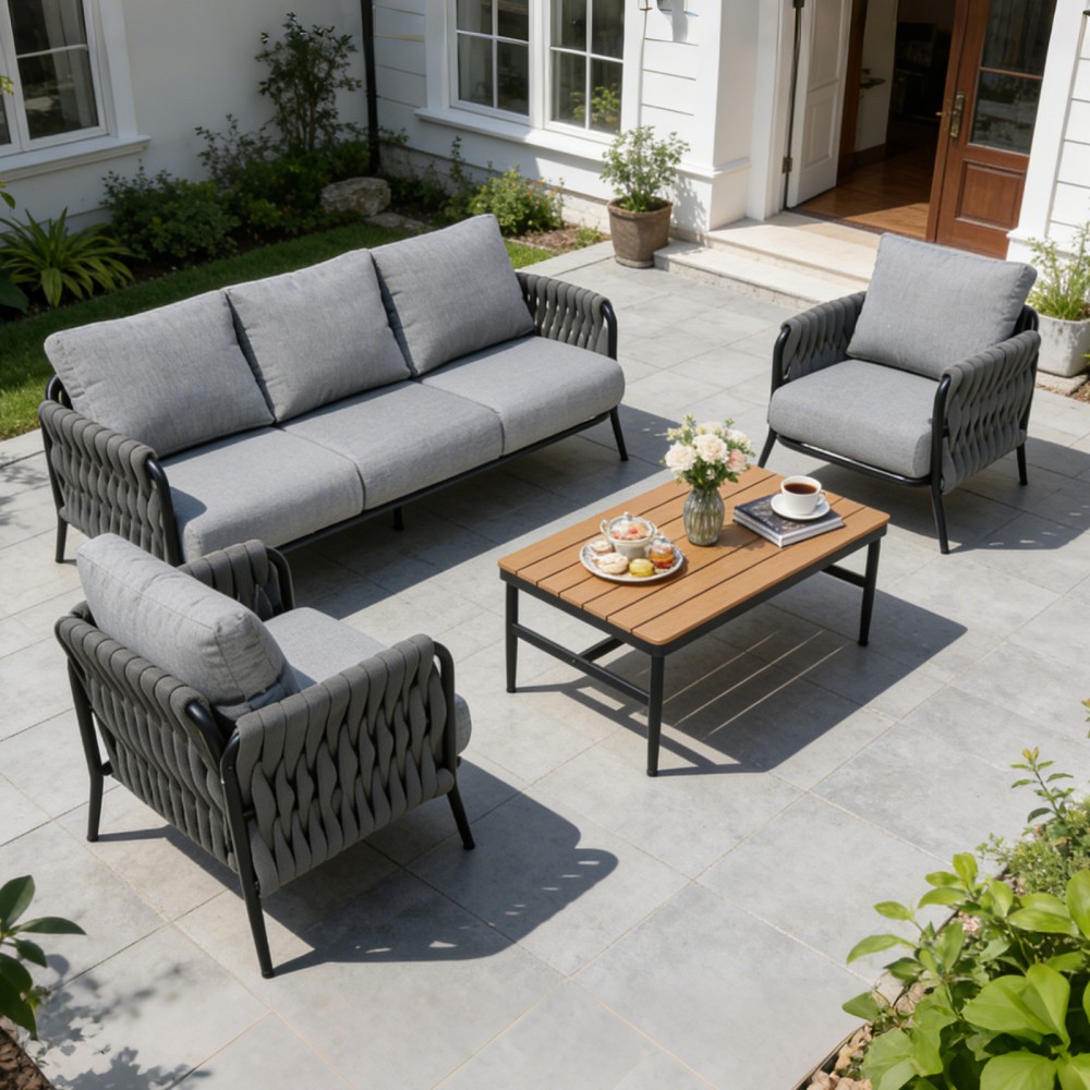 4-Piece Patio Set with Woven Rope Chairs, Olefin Cushions & WPC Table