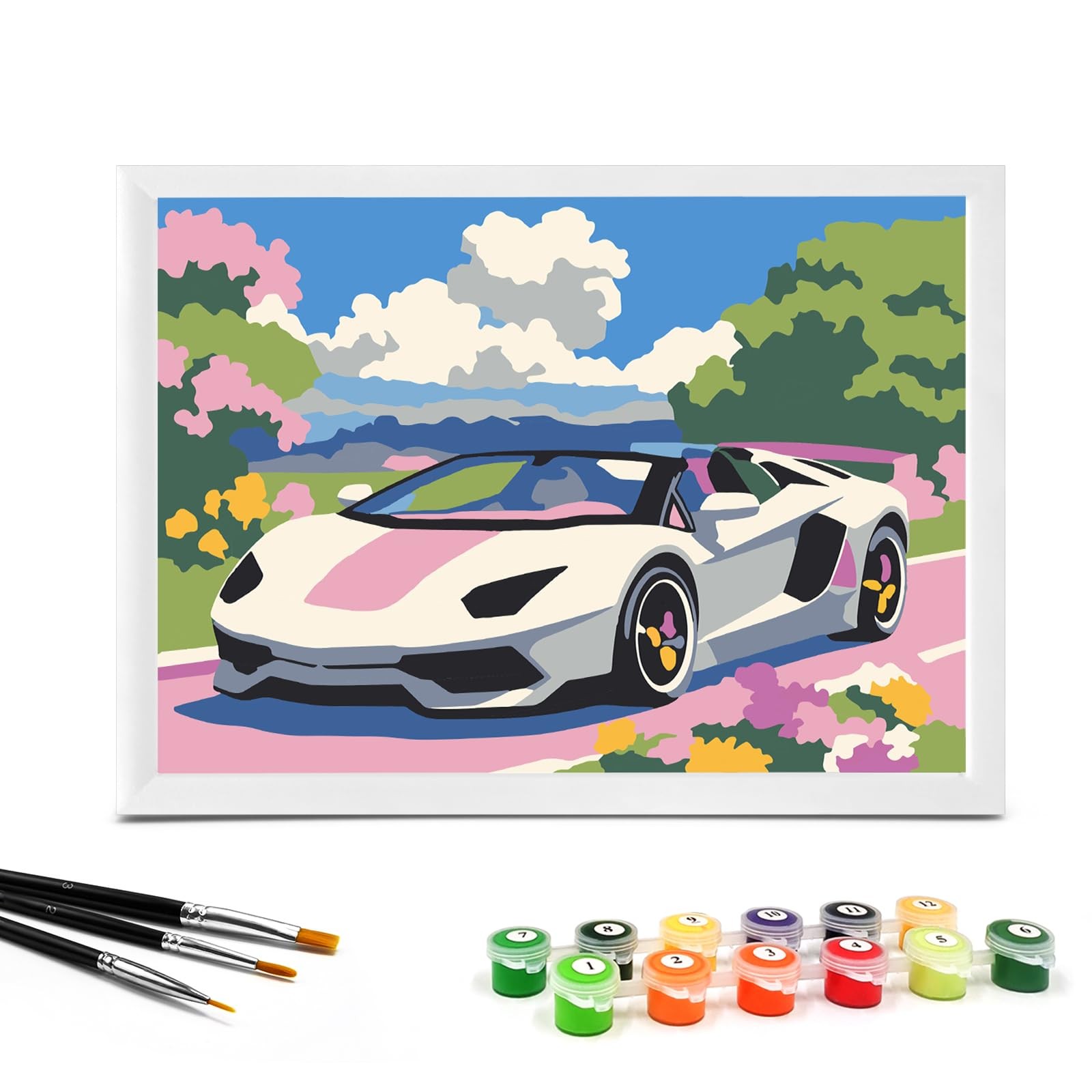 White Car Paint By Numbers For Kids Ages 4-8 DIY Canvas Art Decor 7x9.5 In
