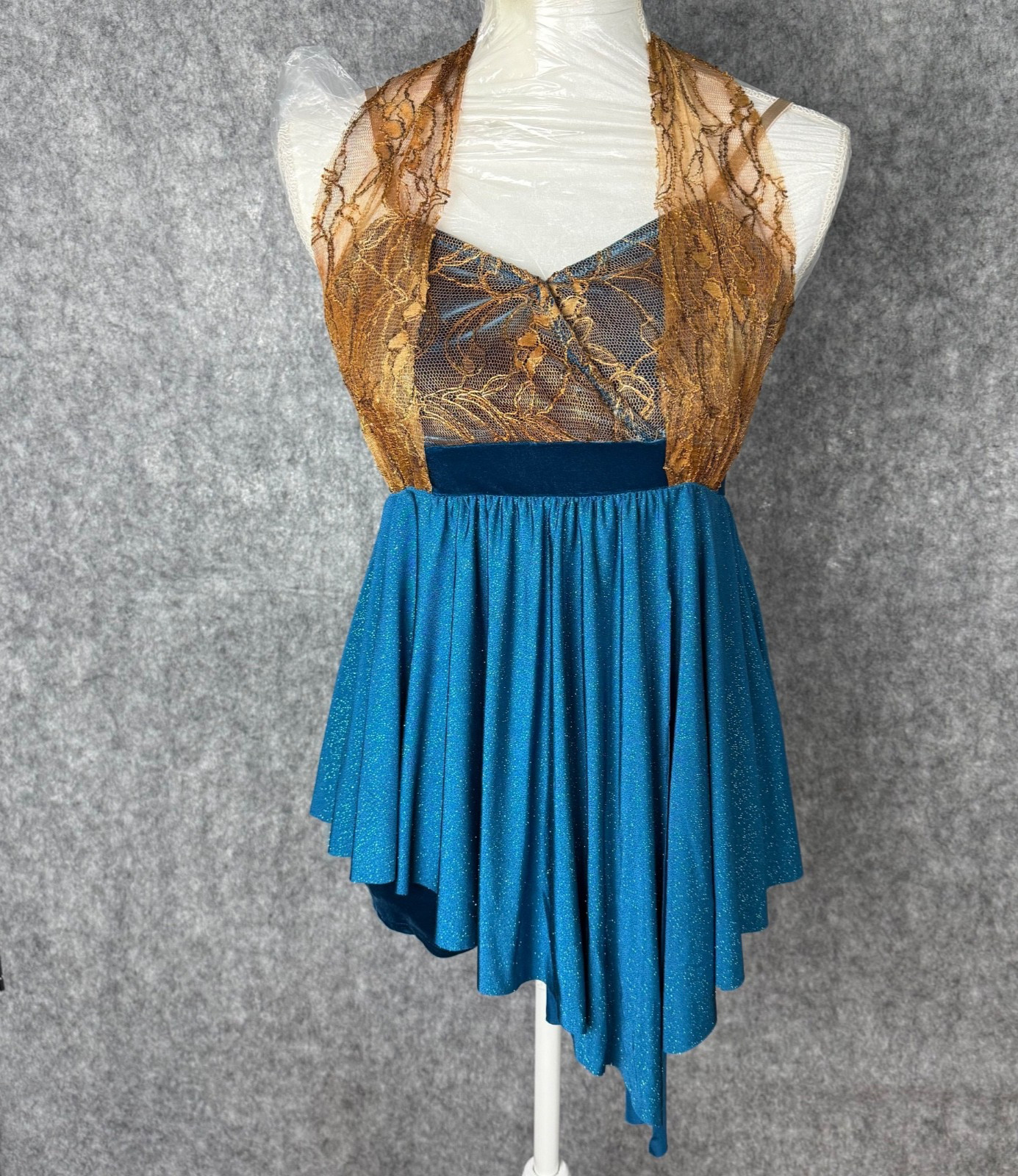 Curtain Call Dance Costume Adult Small Blue Gold Lace Lyrical Dress Balletcore