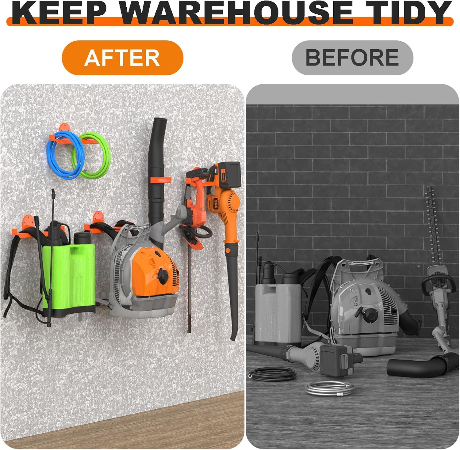 Heavy-Duty Backpack Blower Rack with Hose Holder for Tool Storage