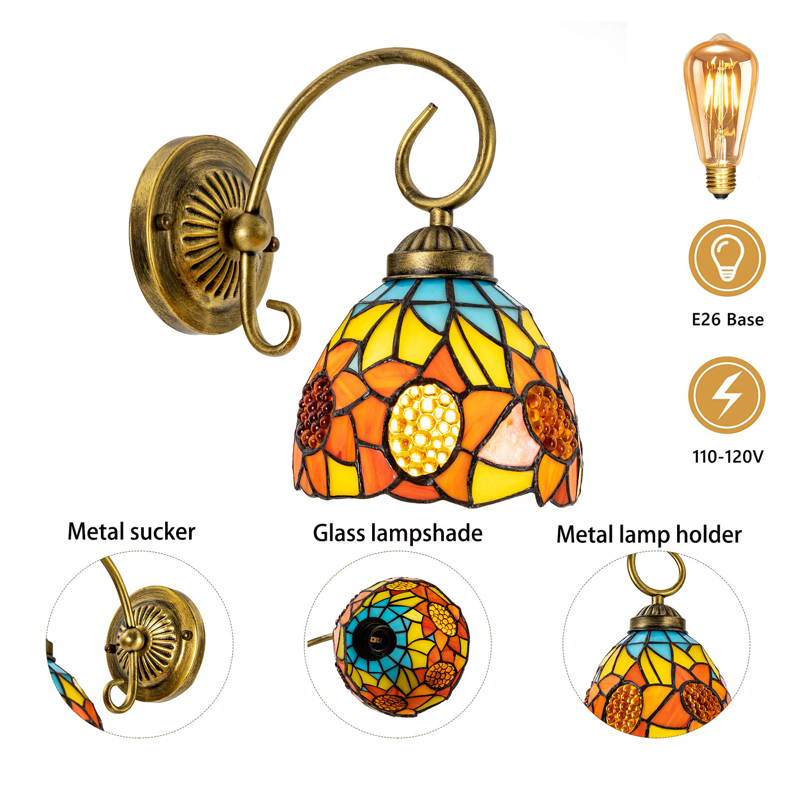 110V Wall Sconce Lamp Tiffany Vintage Stained Glass Wall Light Indoor E26