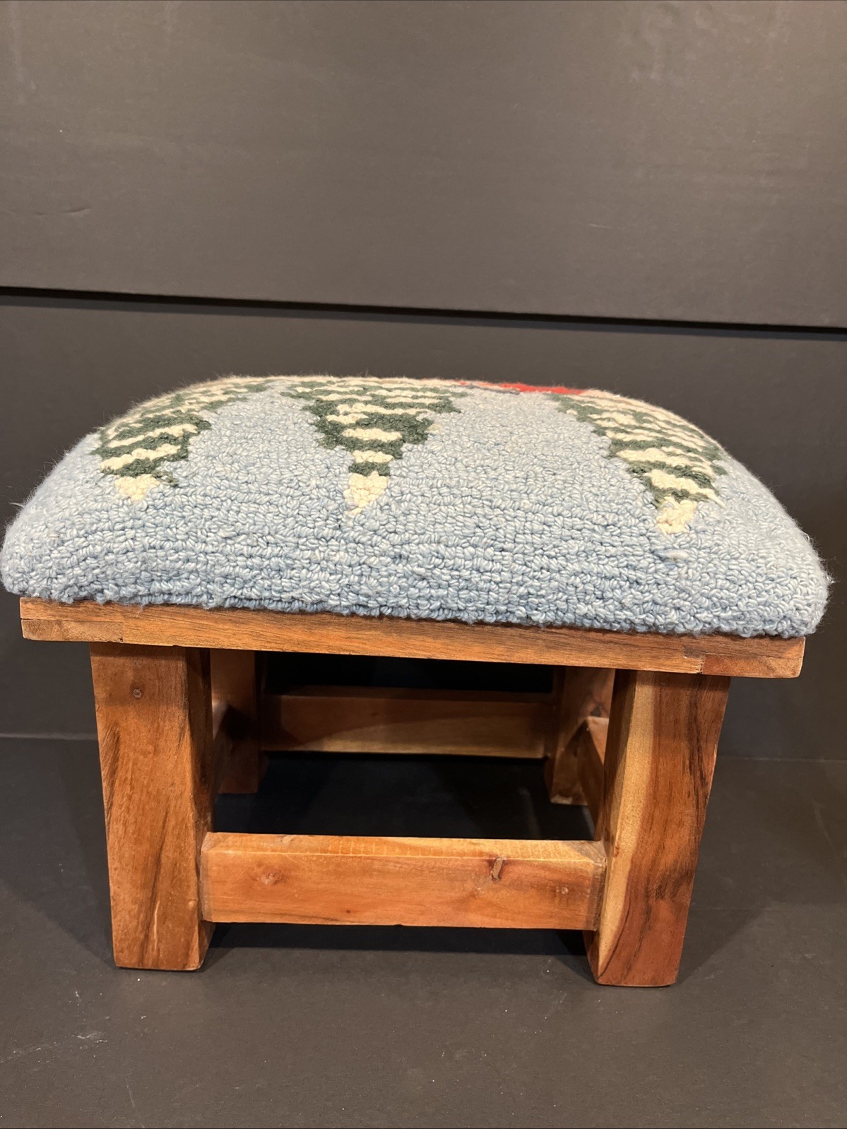 Footstool Chandler Needlepoint Skier Winter Snow Tree Scene Solid Wood Base