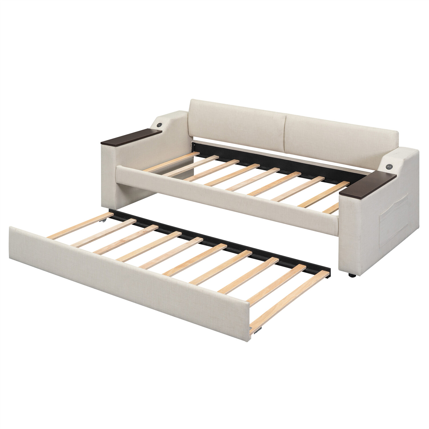 Twin Size Daybed Upholstered Bed Frame Sofa Bed with Trundle Bed Beige