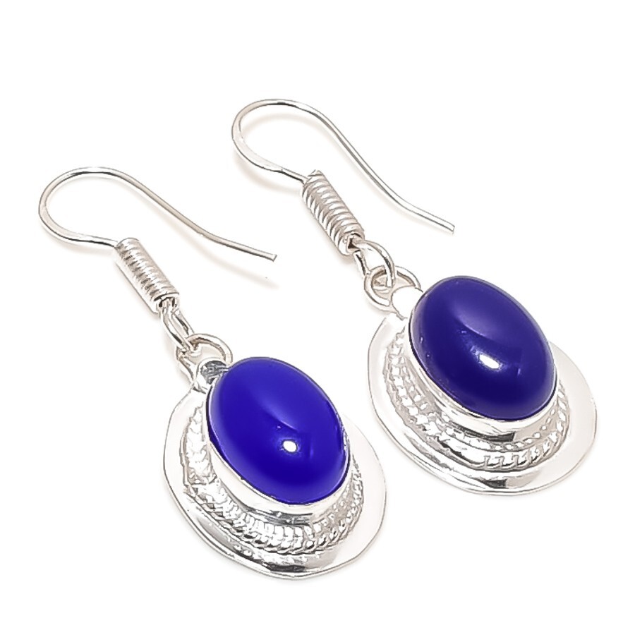 Blue Onyx Gemstone Handmade 925 Sterling Silver Jewelry Earring Size 1.5"