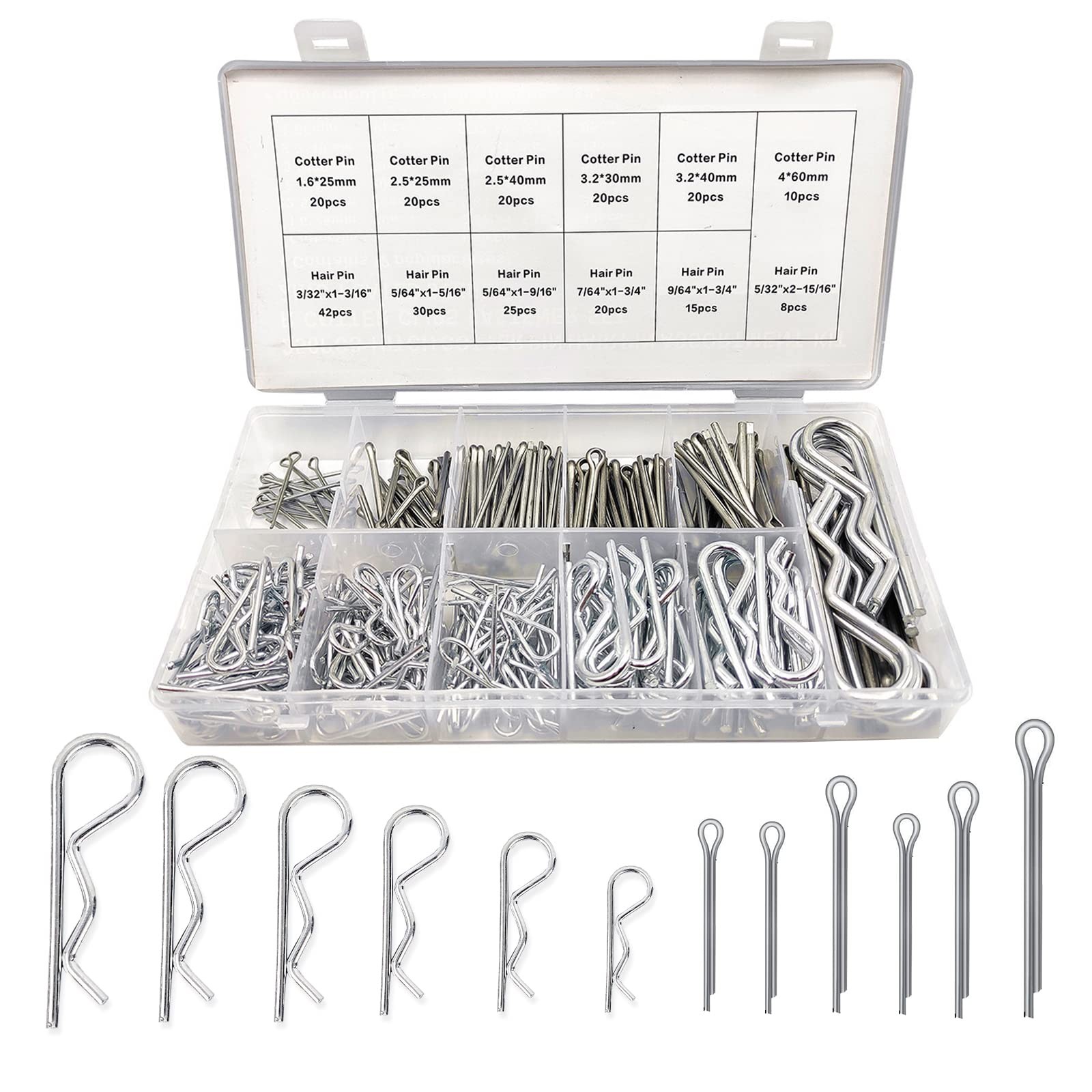 250Pcs Cotter Pin Assortment Kit R Clips Spring Retaining Hair Pins Assortmen...