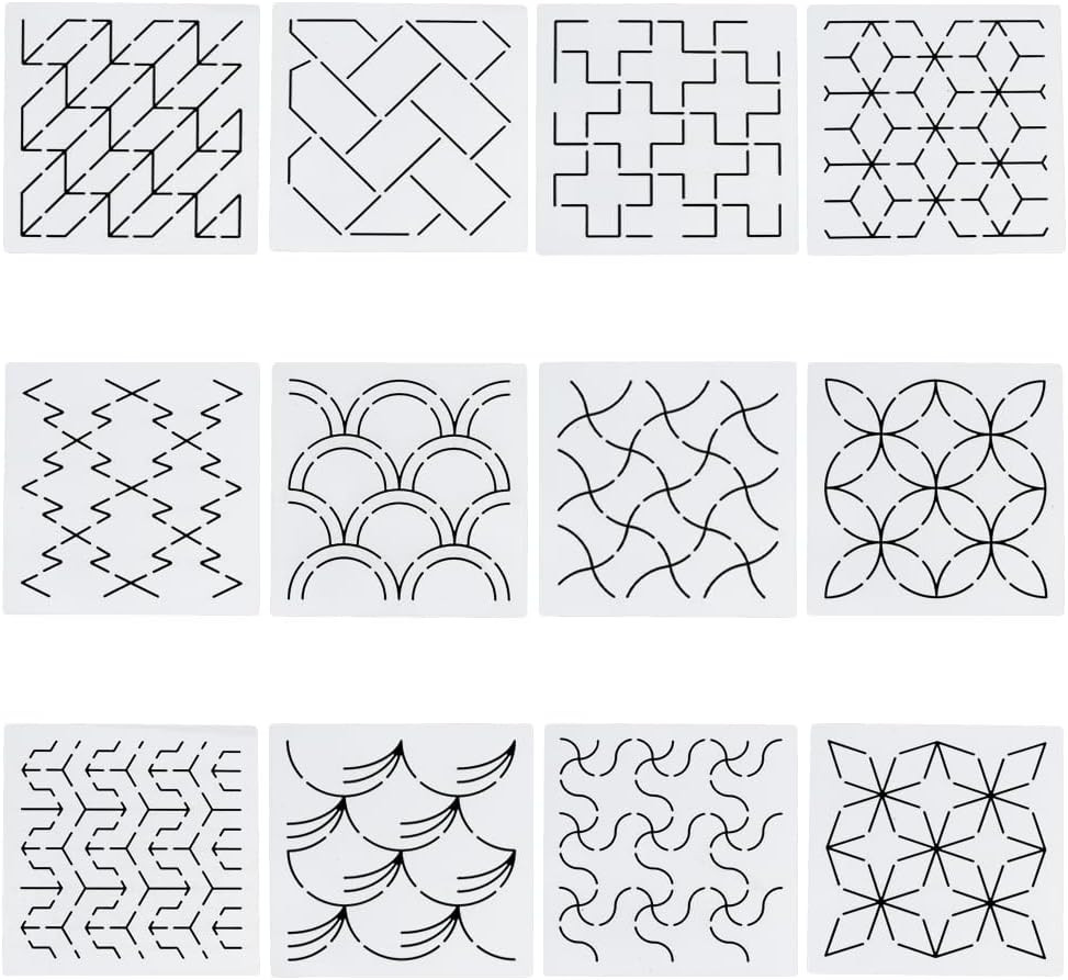 12Pcs Sashiko Stencils Sashiko Embroidery PET Template Drawing Line Template for