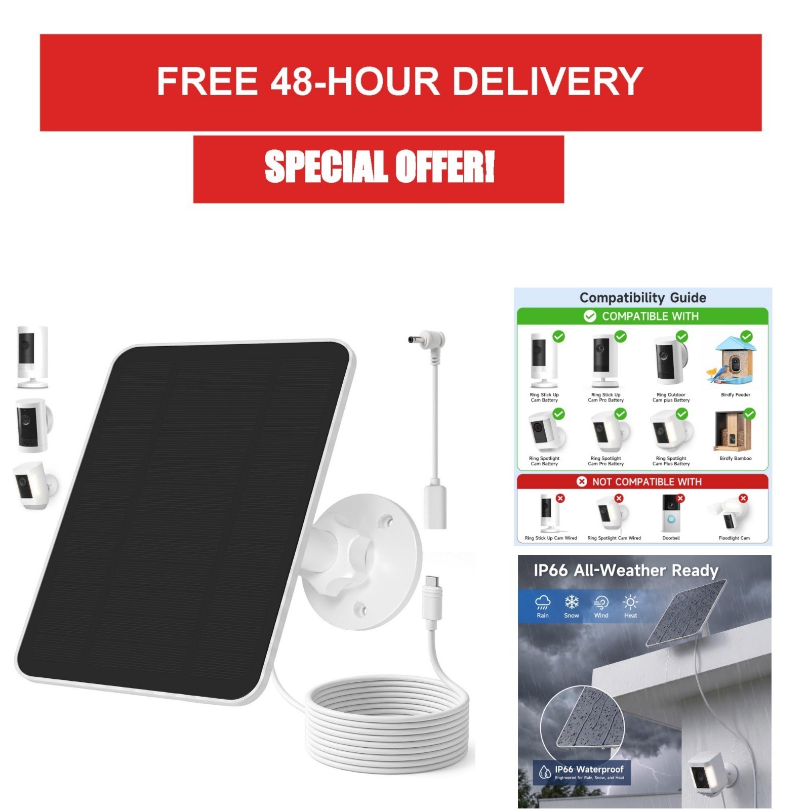HNncheny Solar Panel for Ring Camera 5W Waterproof Charger 13FT Cable