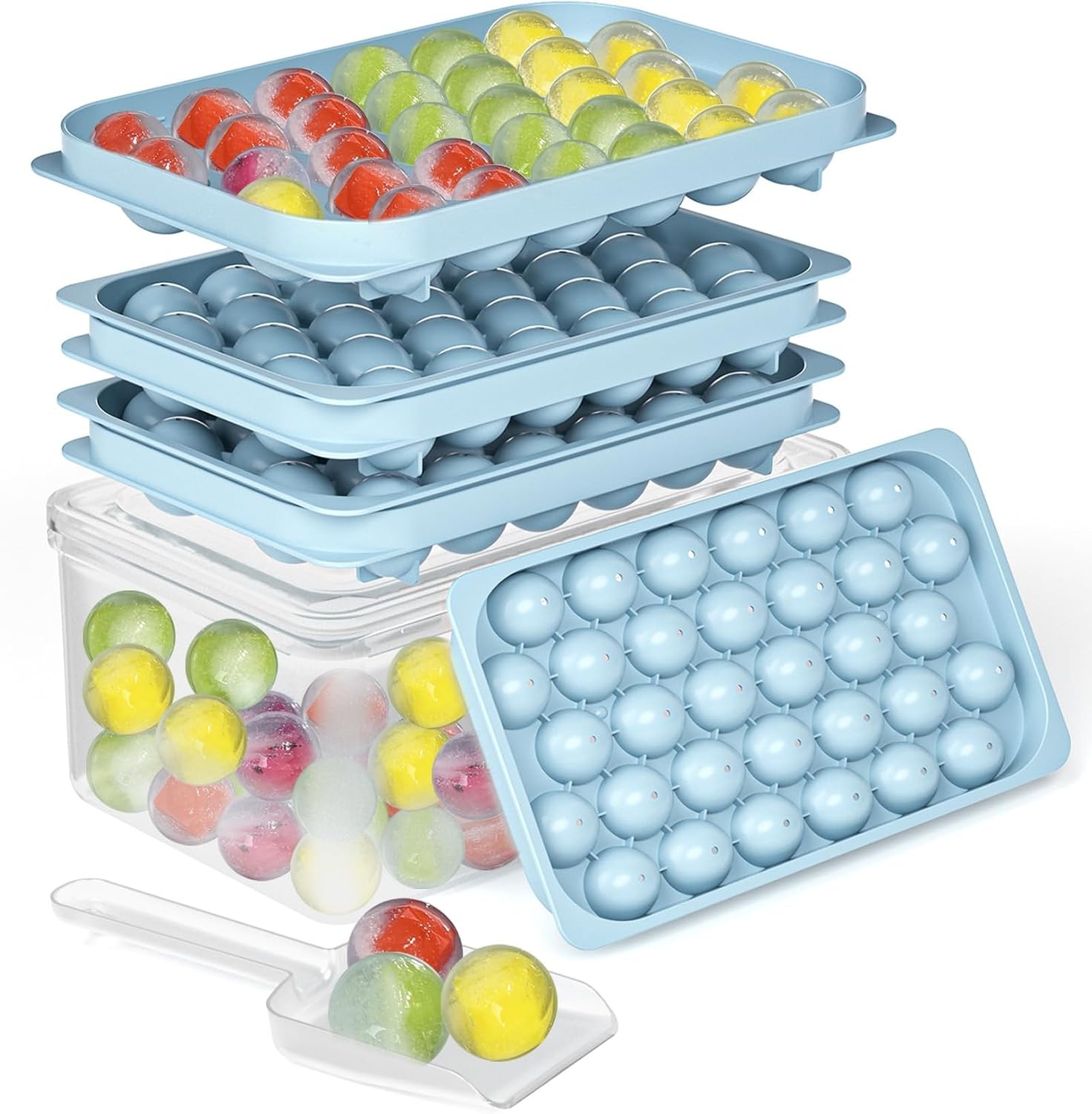 Ice Cube Trays with Lid and Bin, BPA-Mini 0.8 Inch Sphere Ice Molds, 2-Pack