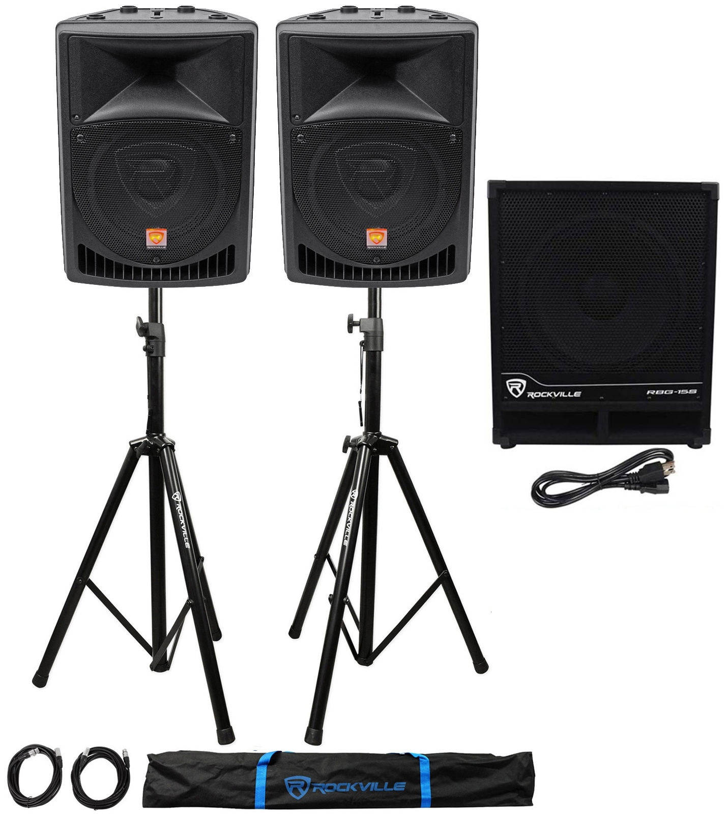 (2) Rockville RPG8 8" Powered PA Speakers+Active 15" Subwoofer+Stands+Cables