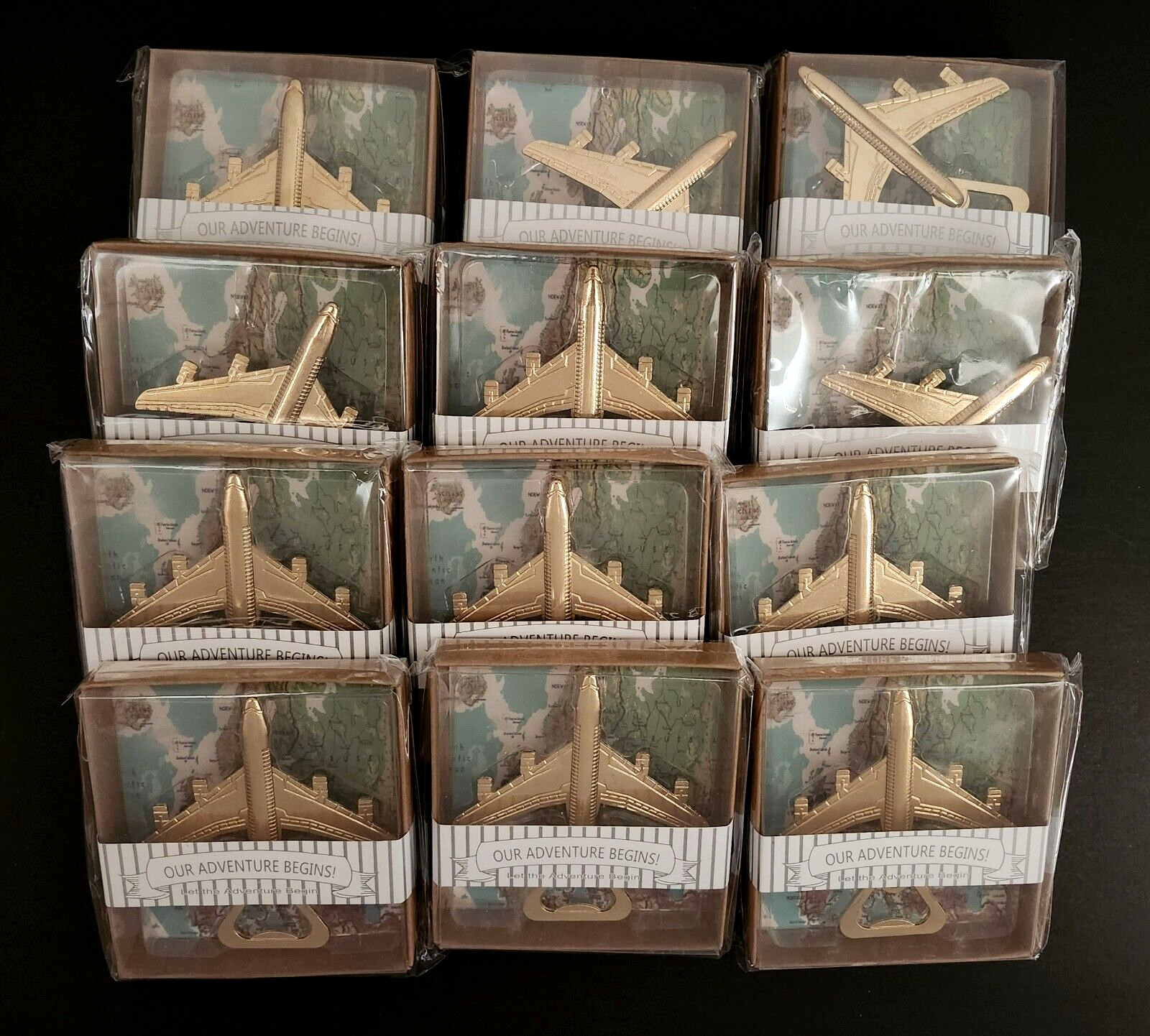 FREE OUR ADVENTURE BEGINS 12 gold tone airplane bottle openers great gift NIB