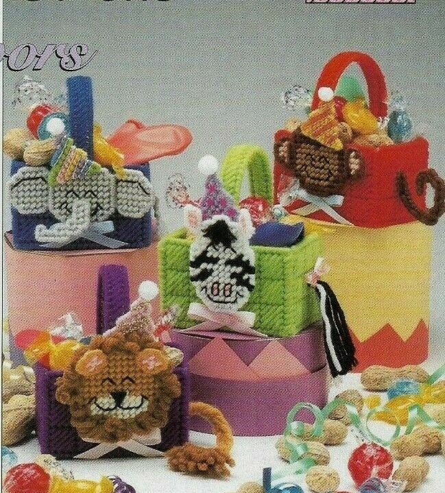NEW SMILING CIRCUS FAVORS 4 ANIMAL BASKETS PLASTIC CANVAS PATTERN INSTRUCTIONS
