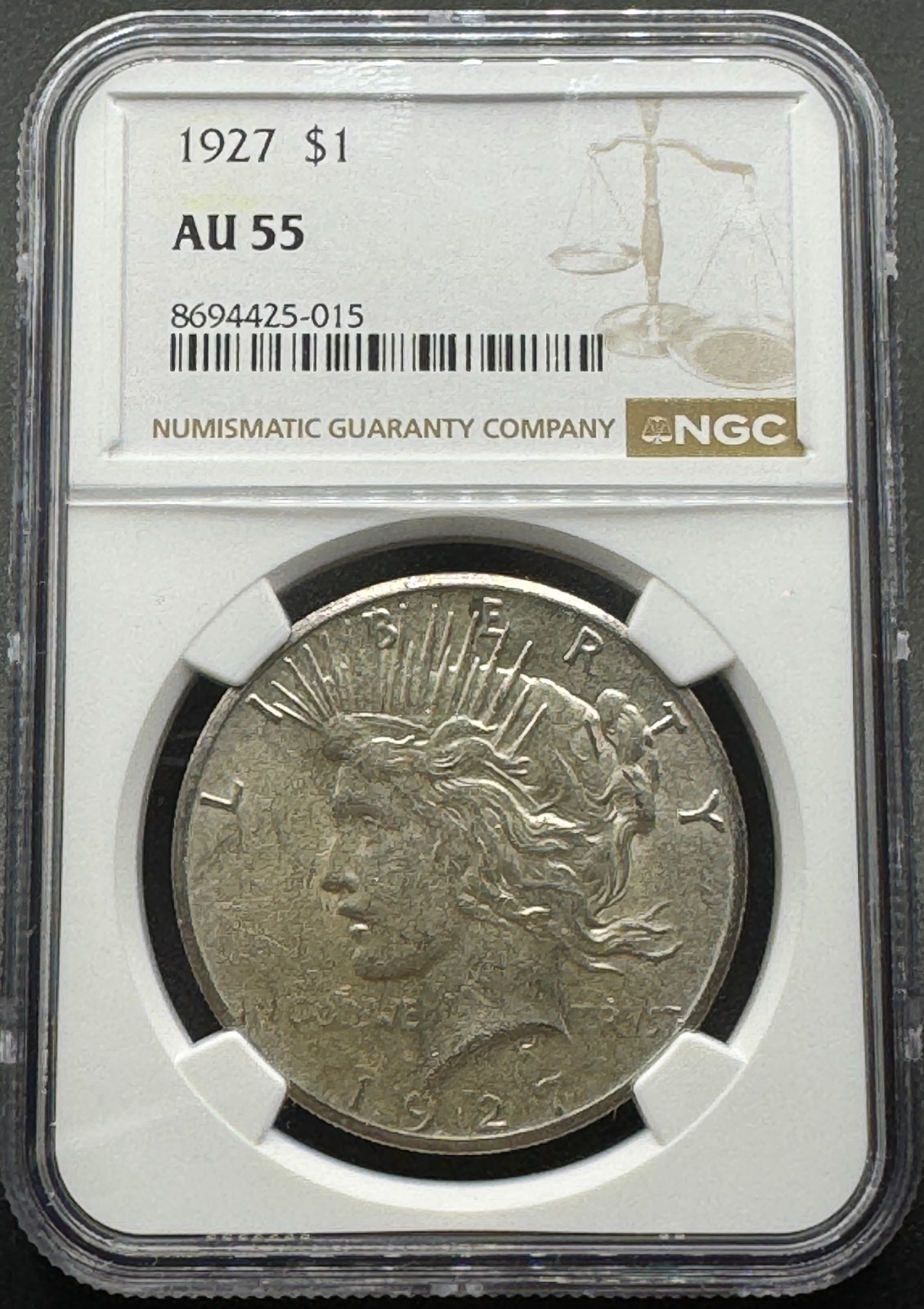 1927 PEACE SILVER DOLLAR NGC AU55 04EXA26