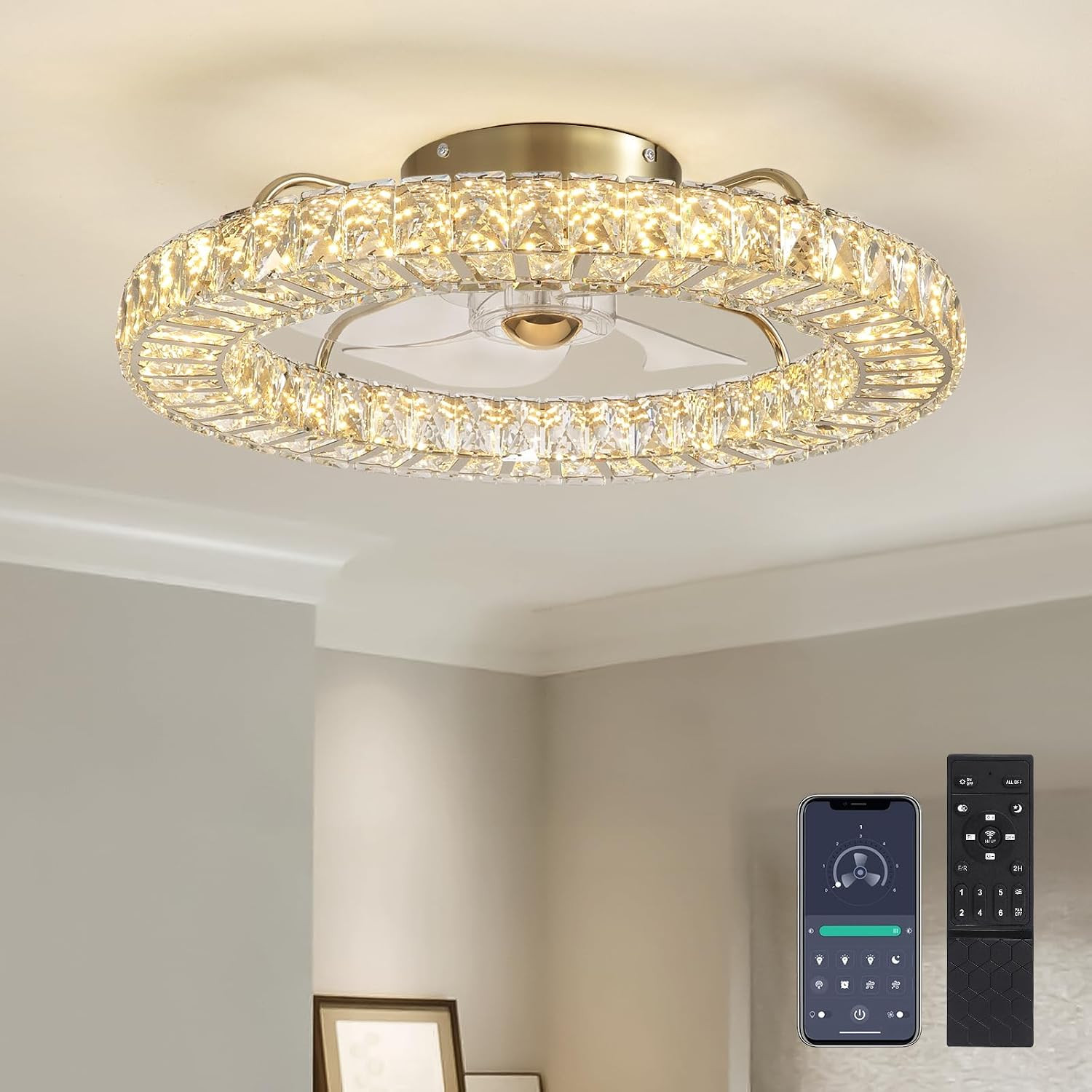 22" Low Profile Flush Mount Ceiling Fan, Ceiling Fan with Light and Remote, Dimm