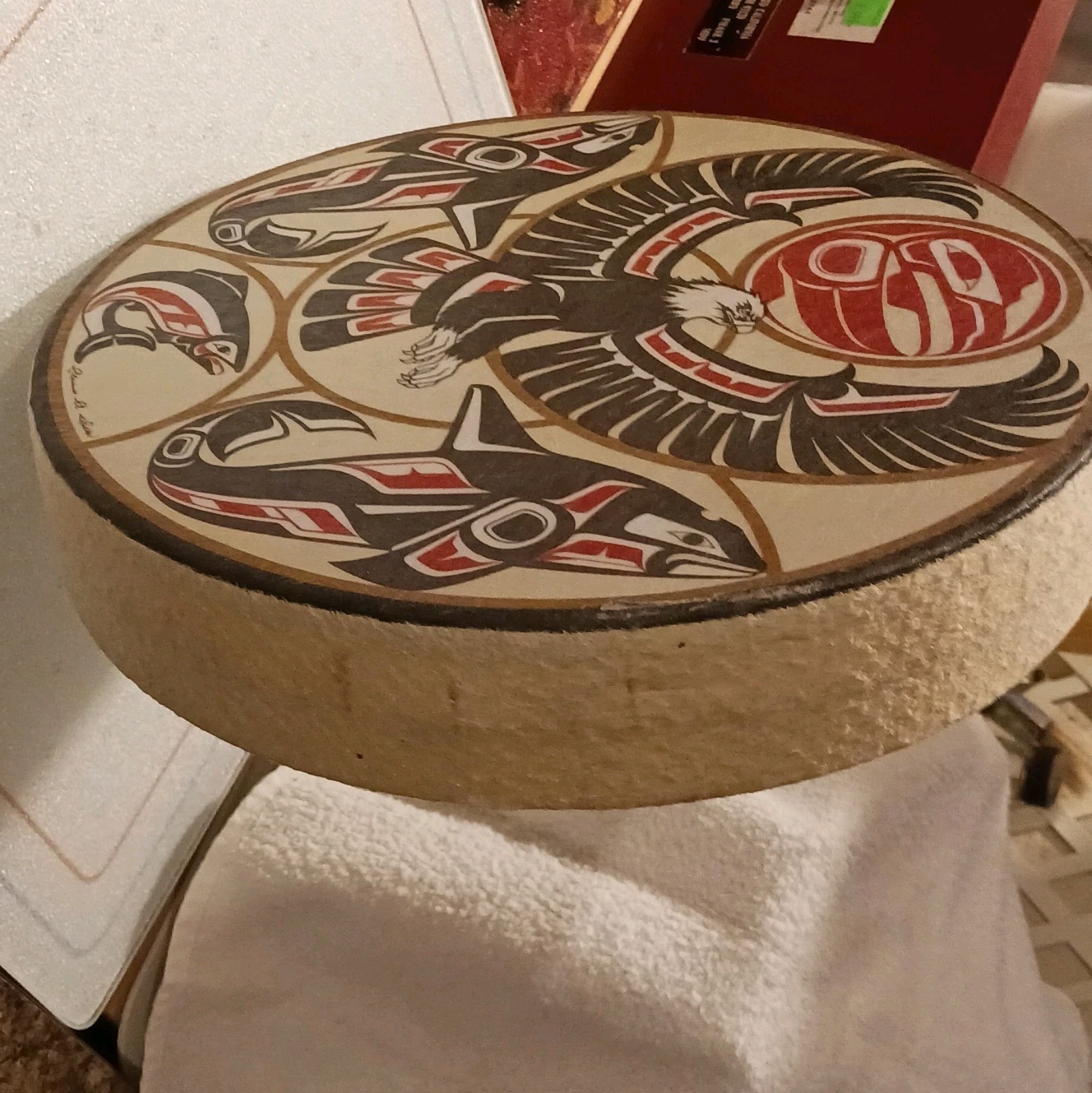 Hand Painted Wood Frame Drum Round Native Style Eagle & Fish Design Signed