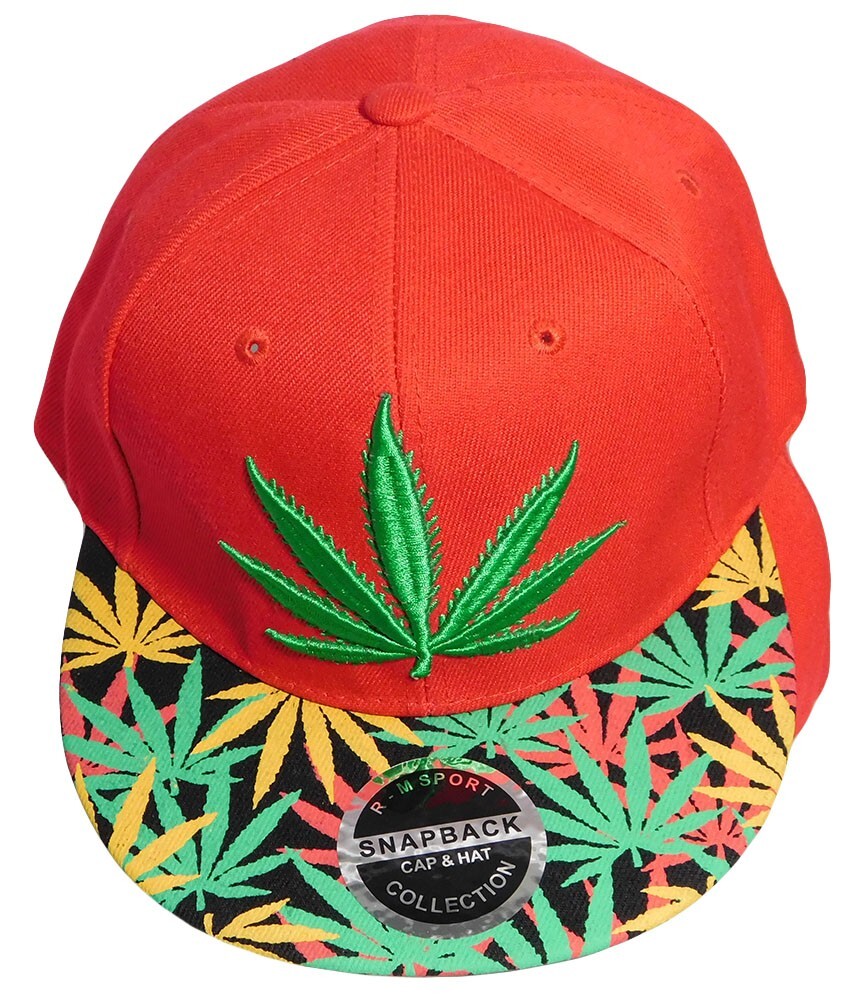 Cannabis Marijuana Weed Pot Leaf Red Polyester Adjustable Embroidered Cap Hat