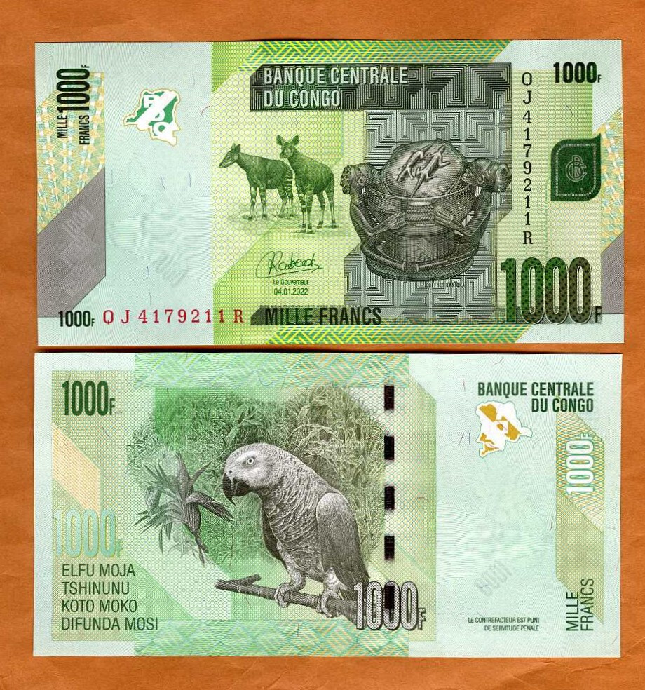 Congo D. R., 1000 (1,000) Francs, 2022, P-101d, UNC Parrot