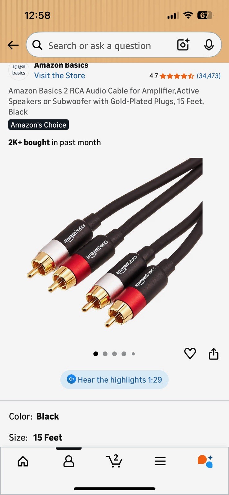 NIB Amazon Basics 2 RCA Audio Cable for Amplifier,Active Speakers 4 Feet, Black