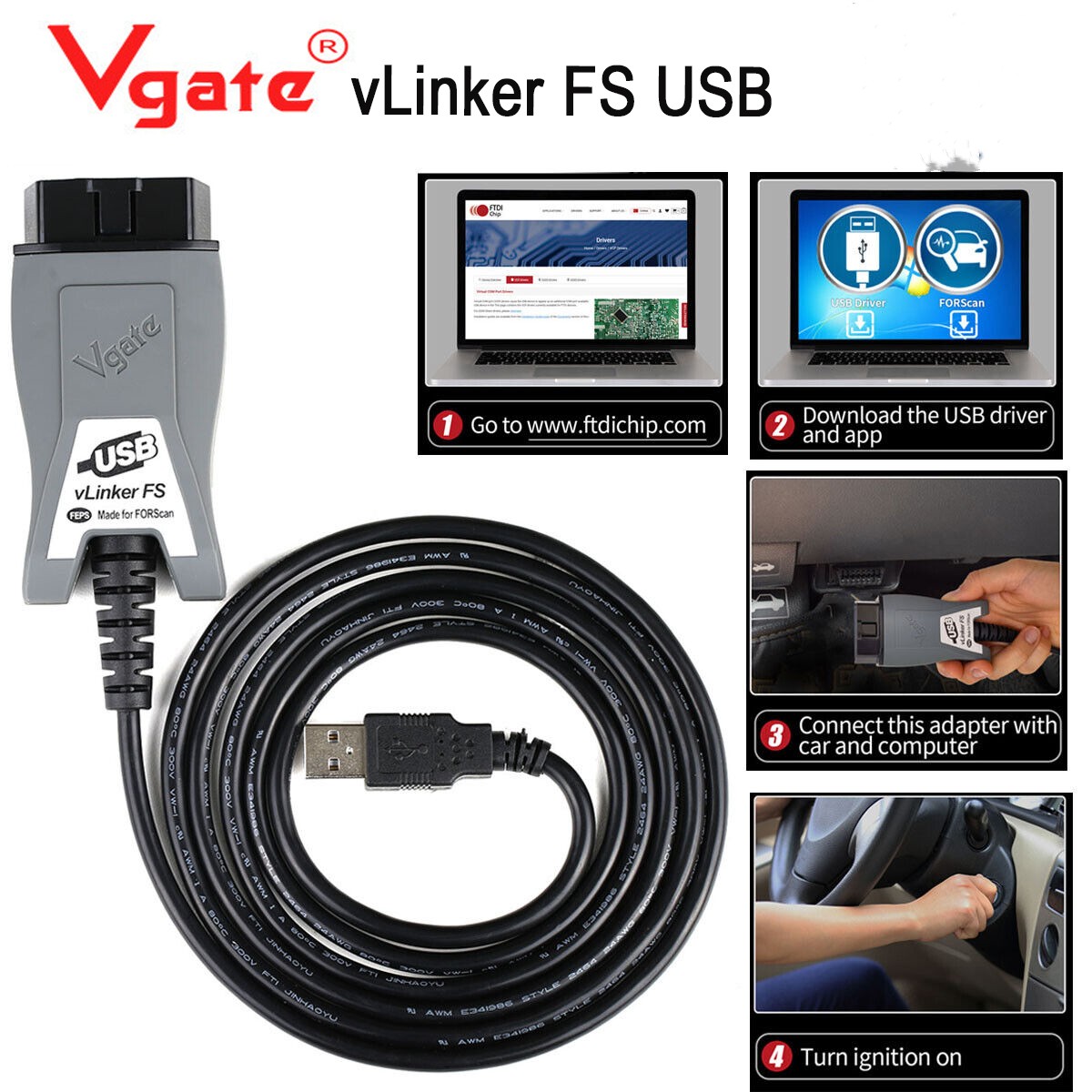 Vgate vLinker FS ELM327 Fit For Ford Mazda HS/MS-CAN OBD2 Car Diagnostic Scanner