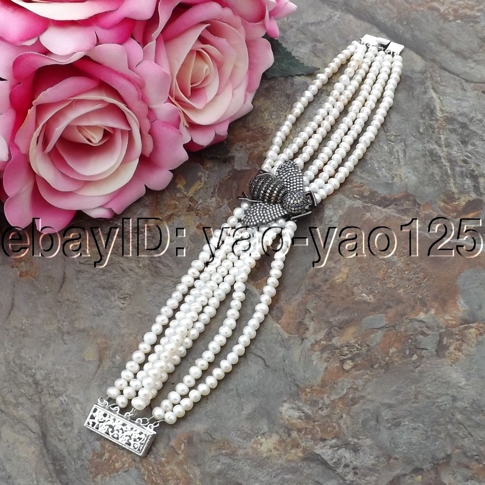 6 Strands 8" Cultured White Pearl CZ Pave Bee Bracelet