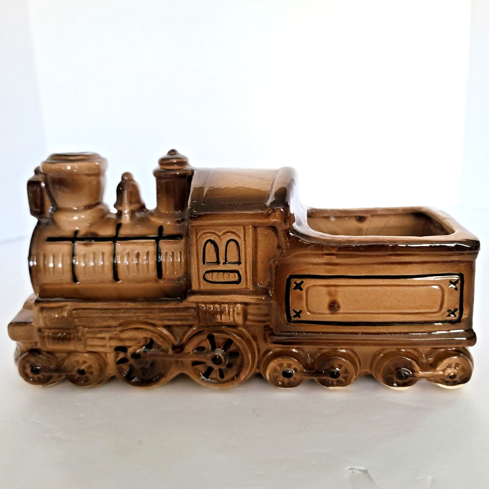 Vintage Locomotive Train Ceramic Planter Engine Mid Century Brown 8"