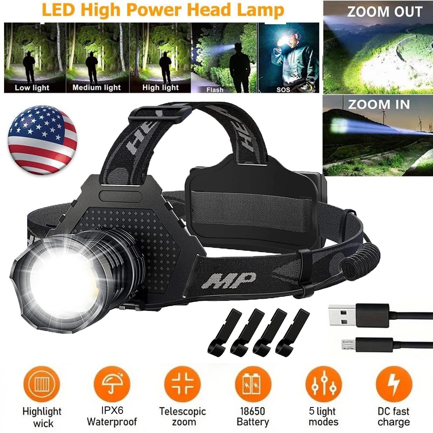100000LM LED Headlamp Rechargeable Headlight Zoomable Head Torch Lamp Flashlight