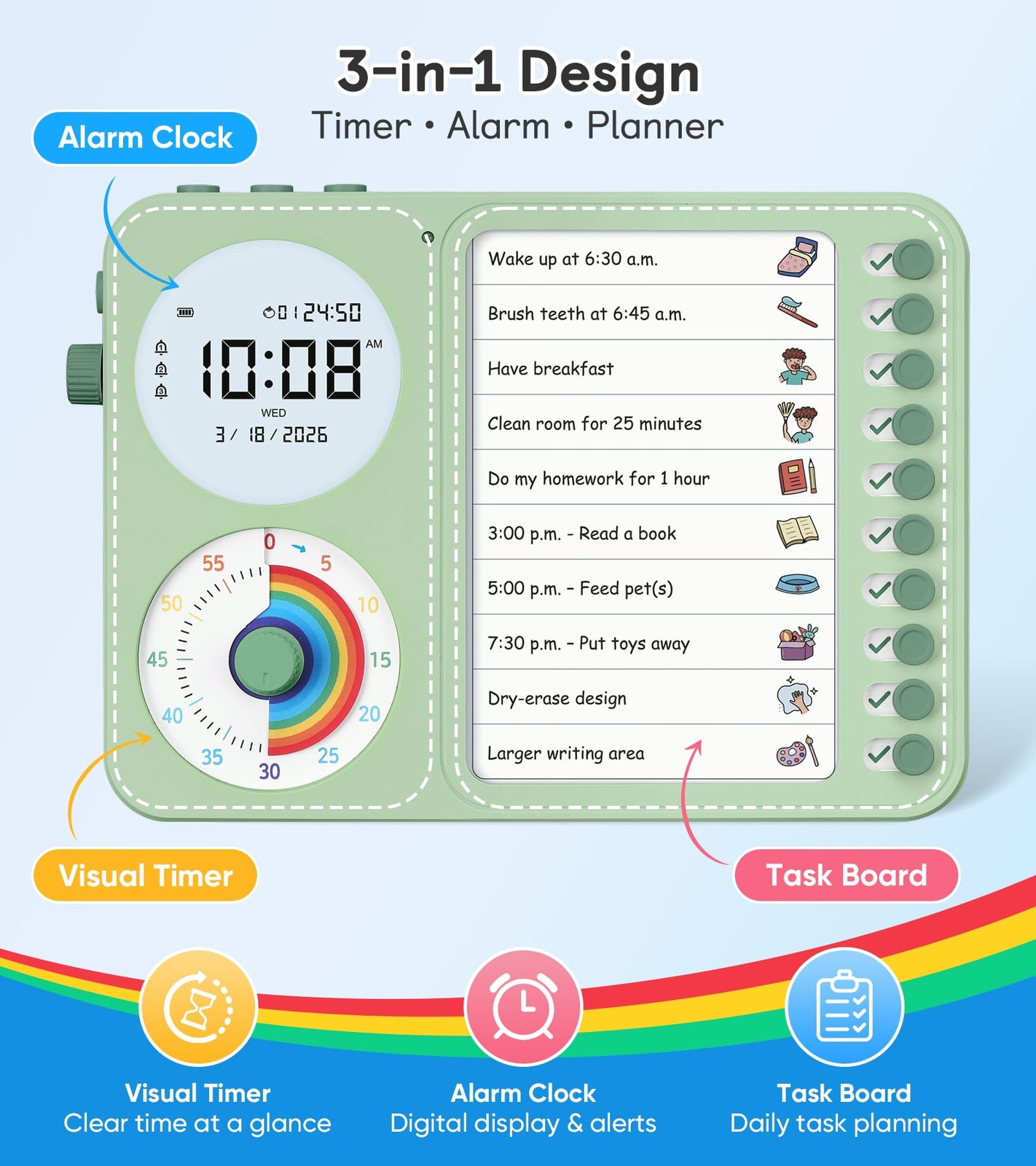 3-in-1 Visual Timer & ADHD Tool for Kids and Adults – Task Timer with Chore C...