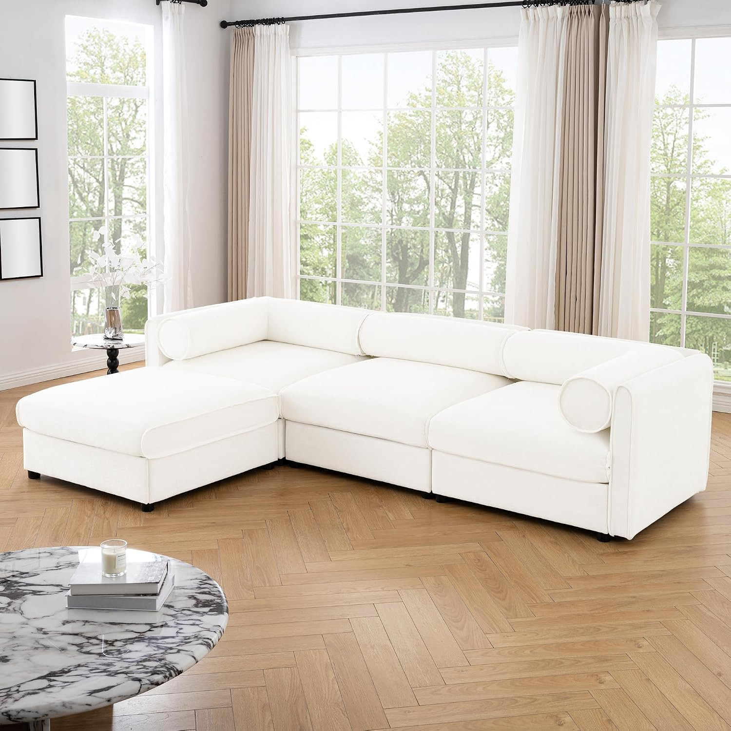 109" L-Shaped Modular Chenille Sectional Sofa with Storage Seat, 1 Ottoman, Mode