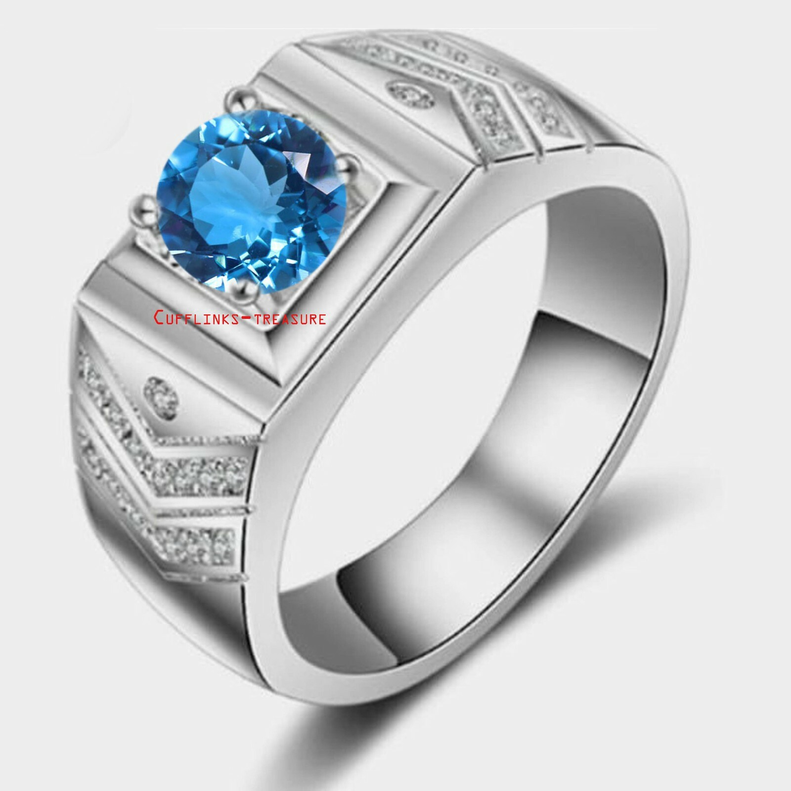 Natural Blue Topaz & CZ Gemstones with 925 Sterling Silver Ring For Men's #890