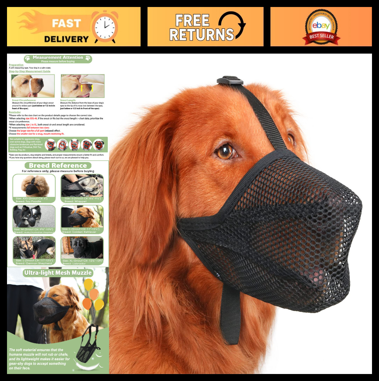 Soft Mesh Dog Muzzle for Small Medium Large Dogs - Prevent Biting, Licking, Chew