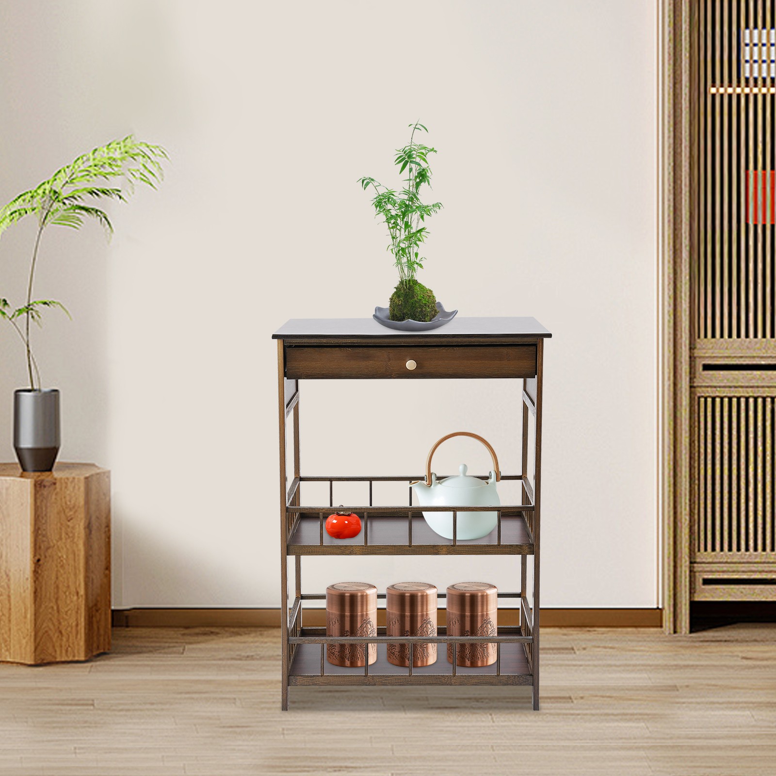 3 Tiers Side Table Side Table with Storage Drawer Bamboo End Table Tea Table