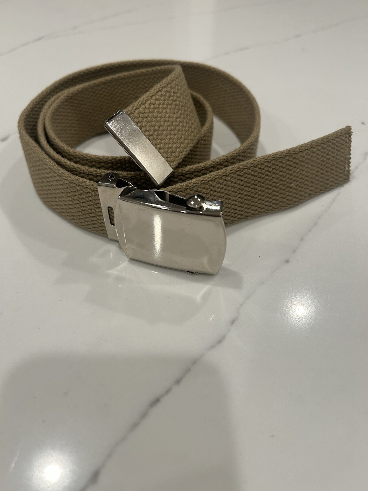 KHAKI TAN CANVAS BELT MILITARY BOY SCOUT STYLE ALLOY CHROME COLOR BUCKLE