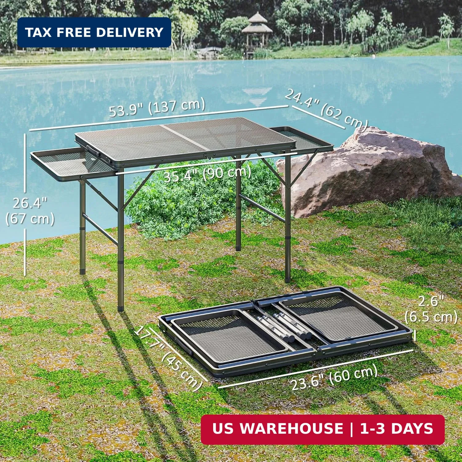 Outsunny Folding Grill Table, 4.5 ft Portable Camping Table with 2 Wing Panels,