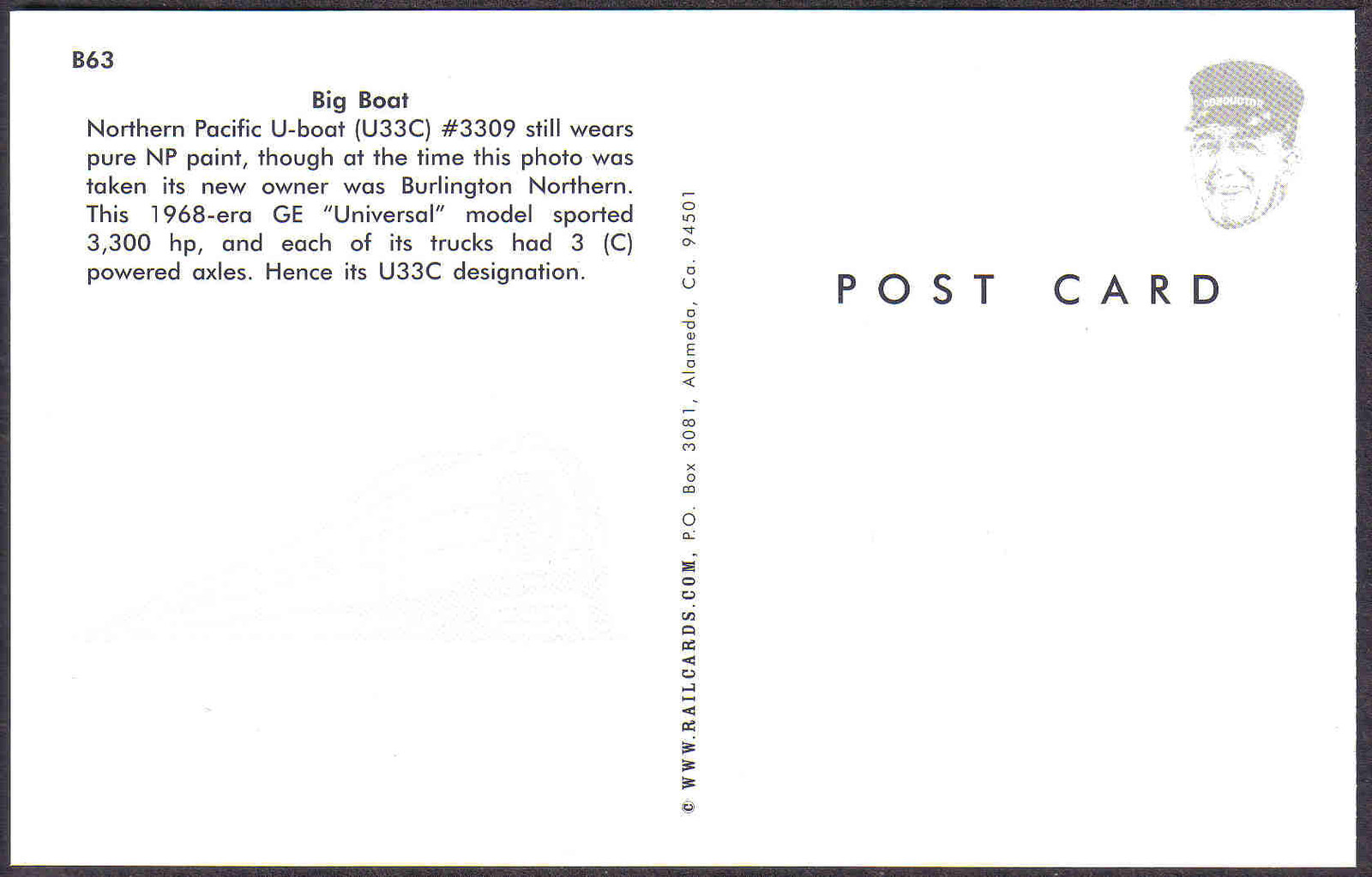 NORTHERN PACIFIC RAILROAD ENGINE 3309 U BOAT POSTCARD