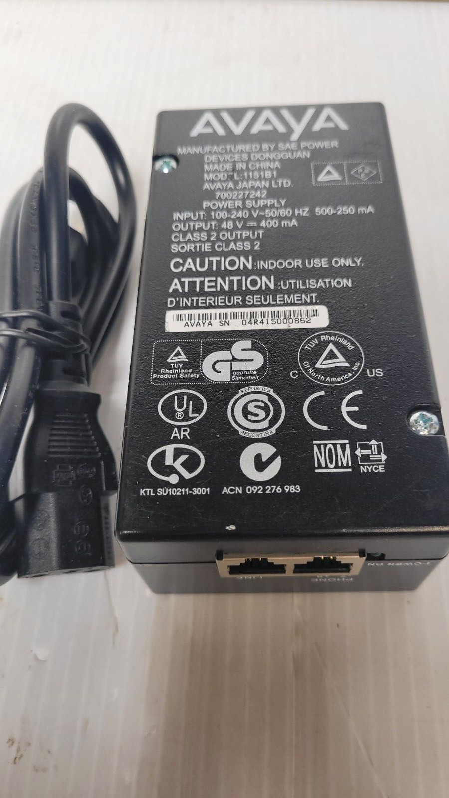 Avaya 1151B1 VOIP POE PWR Supply Injector 48V 20W for 4600/5600 IP Phone