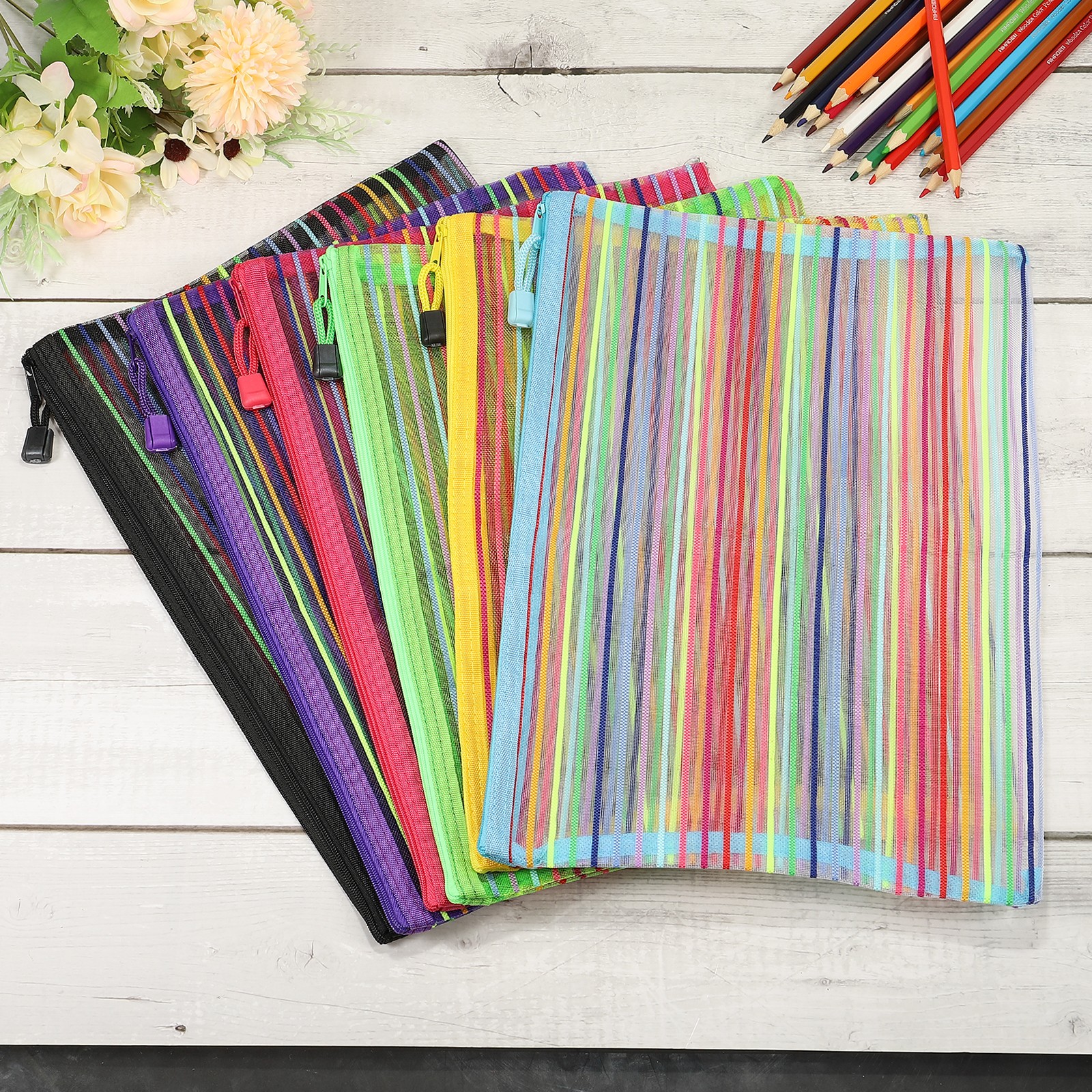 6Pcs A4 Multicolor Mesh Zipper Bags STORAGE Document File Bag