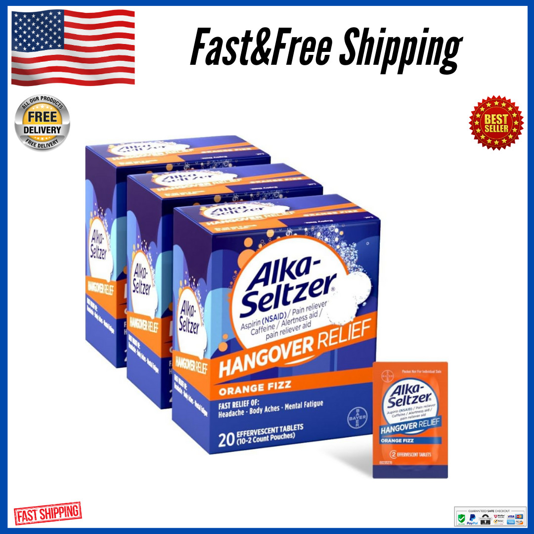 Alka-Seltzer Hangover Relief Tablets Fast 60 Count -3 boxes w/ 20 Tablets, (USA)