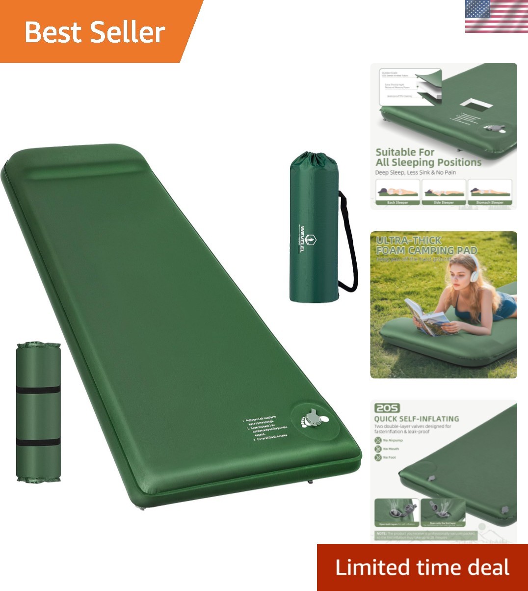 Memory Sleeping Pad, 3.1" Ultra-Thick Foam Sleeping Mats for Camping, Easy In...