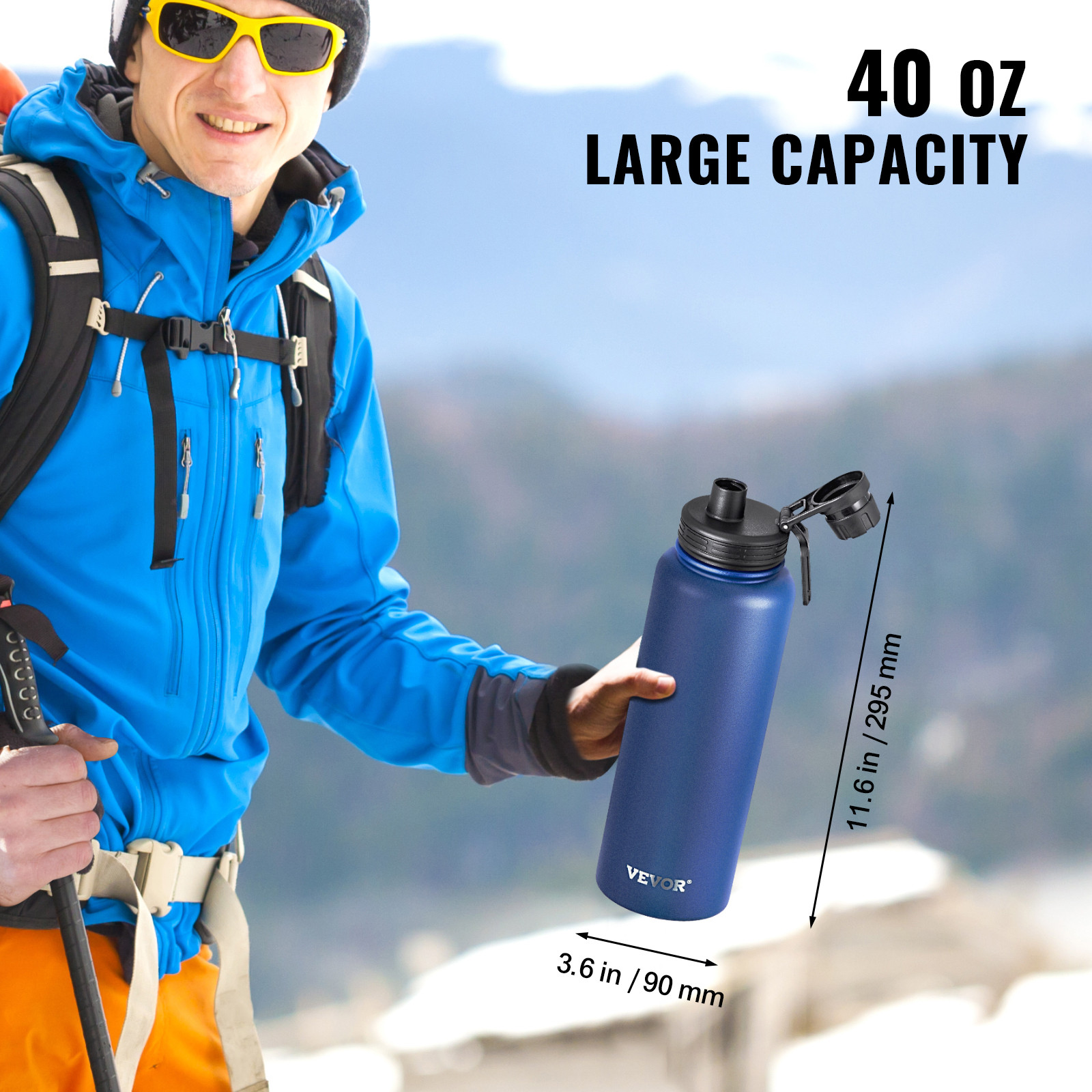 VEVOR 40 oz Insulated Water Bottle Stainless Steel with Wide Mouth Lid Blue
