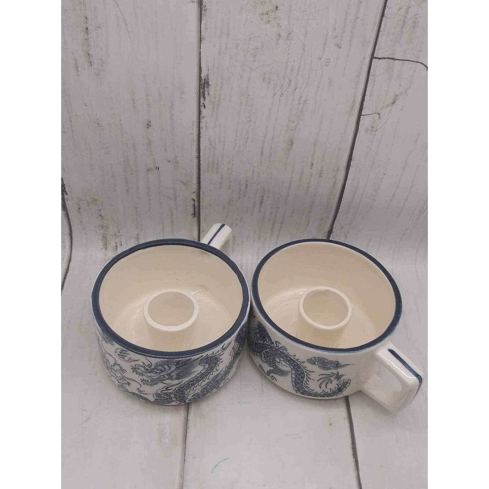 Vintage Blue Dragon Candleholders Ceramic Cup Japan