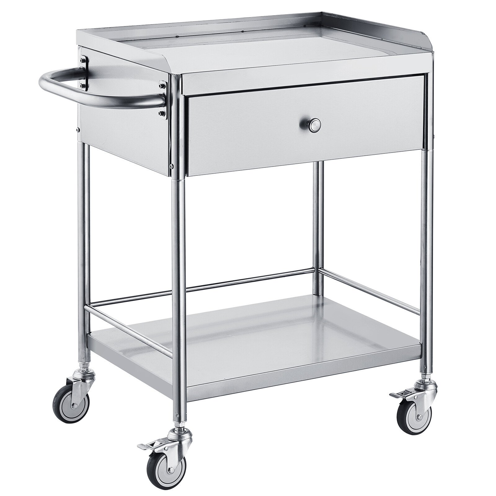 2-Tier Medical Trolley Steel Cart Mobile Lab Utility Cart with A Drawer