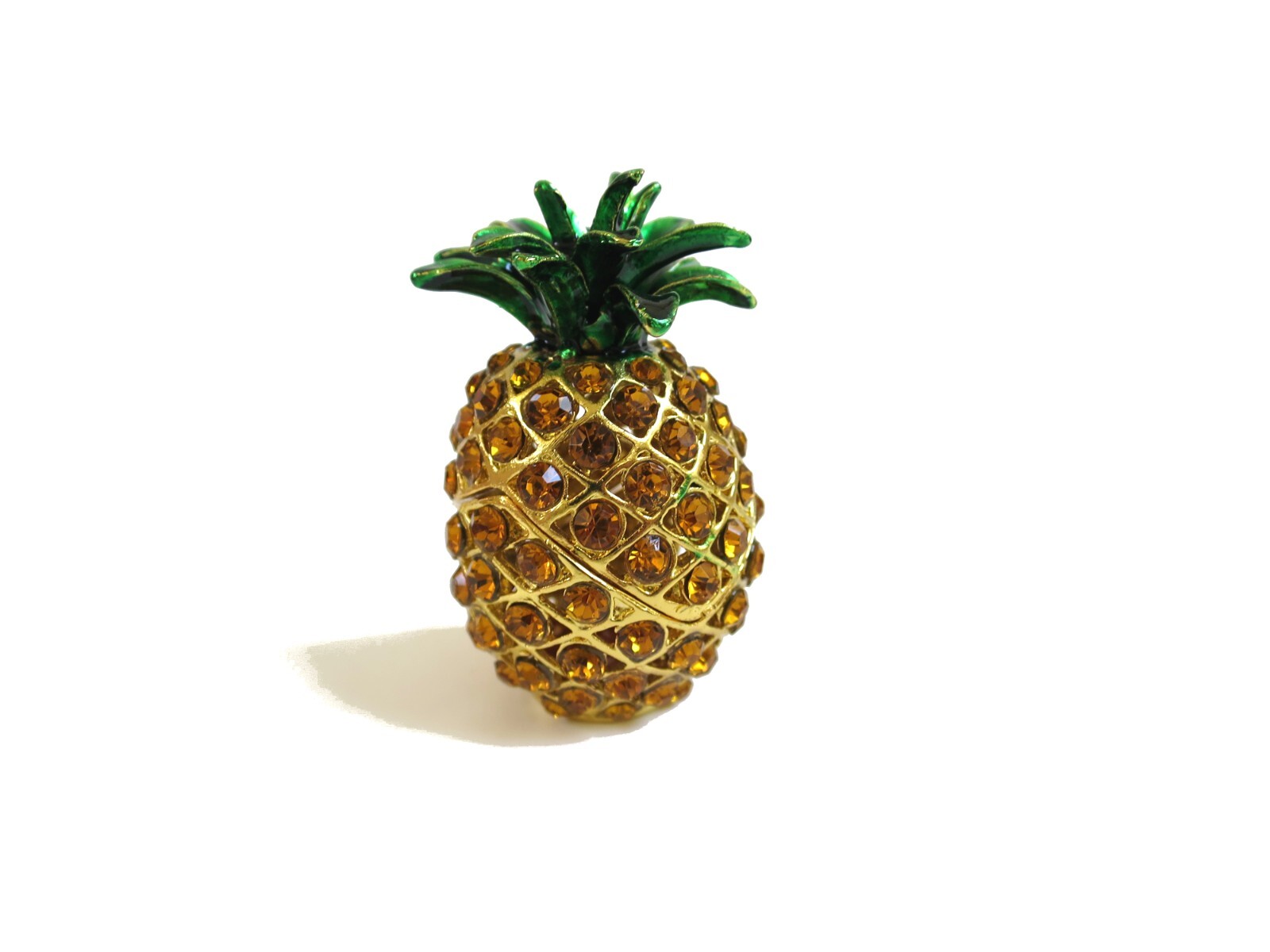 Bejeweled Gold Pineapple Hinged Metal Enameled Crystal Trinket box