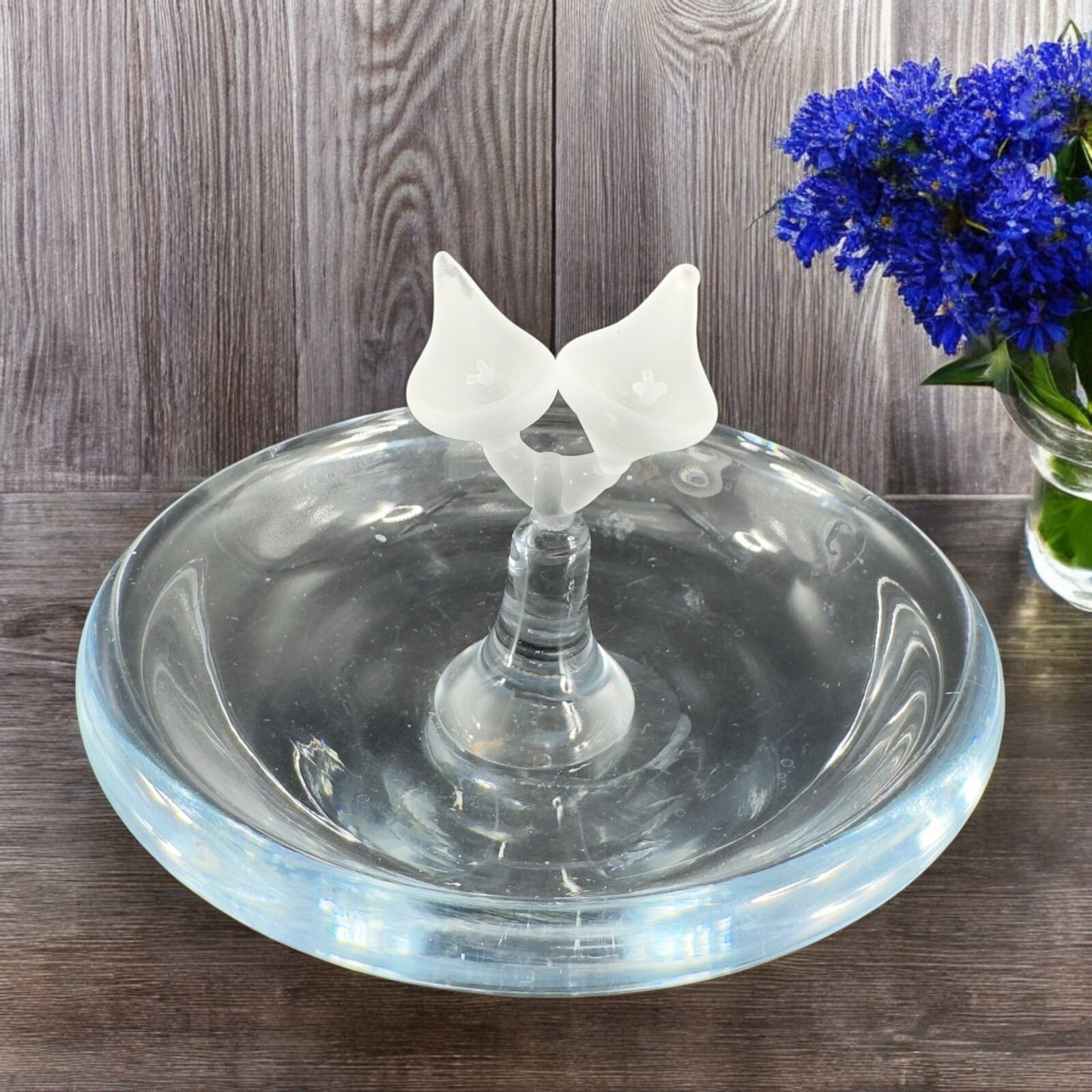 Vintage Crystal Glass Ring Holder Dish Frosted Flowers On Top Jewelry Holder VTG
