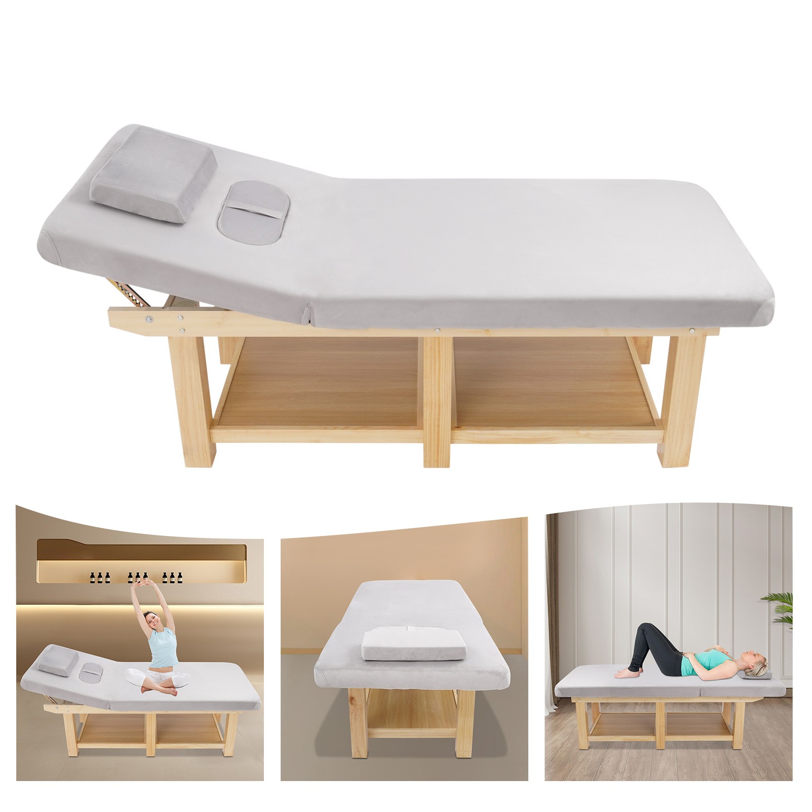 6 Legs Wide Solid Wood Spa Massage Bed, Adj Backrest Physical Treatment Bed