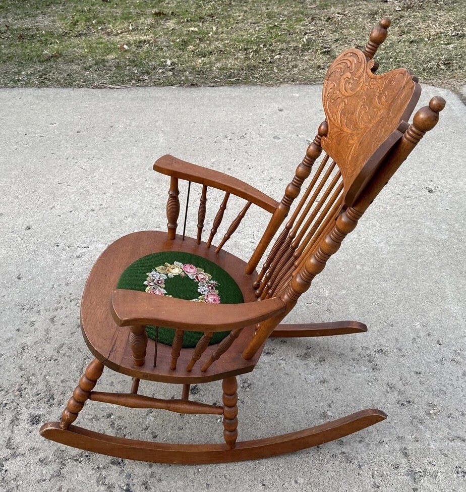 Vintage Victorian Rustic Maple Wood Spindle Back Needlepoint Seat Rocking Chair