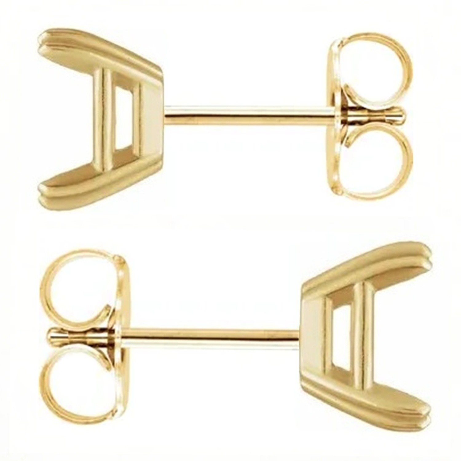 14K Yellow Gold Princess Cut Earring Mountings Dual Prong Friction Back - 1 Pair