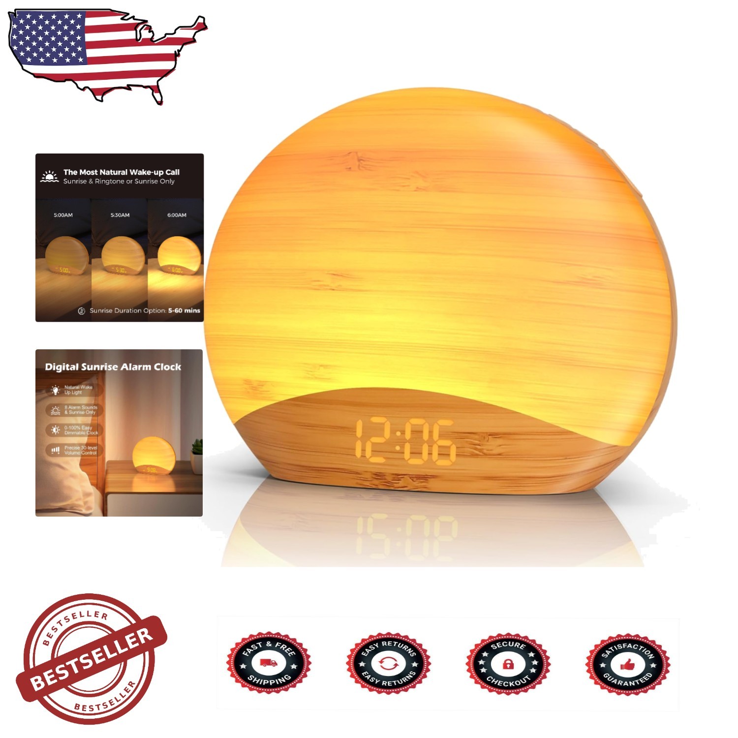 Elegant Wood Sunrise Alarm, 26 Soothing Sounds, Dimmable Night Light, Baby Adult