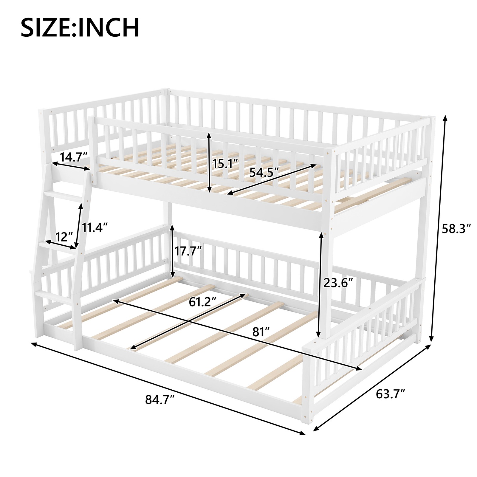 Full XL over Queen Bunk Bed with Ladder & Guardrails,White Bed Frame for Bedroom